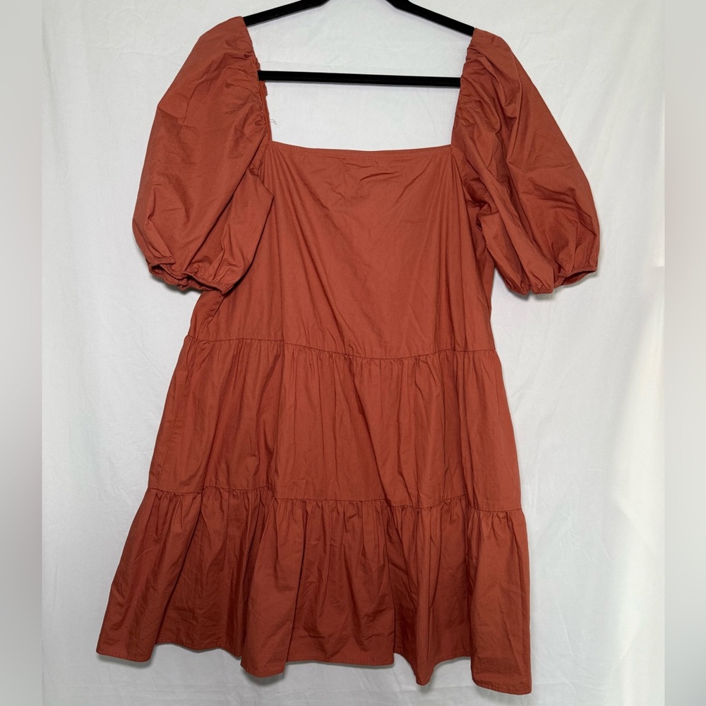 H&M Square Neck Tiered Puff Sleeve Mini Dress Rust Orange M‎